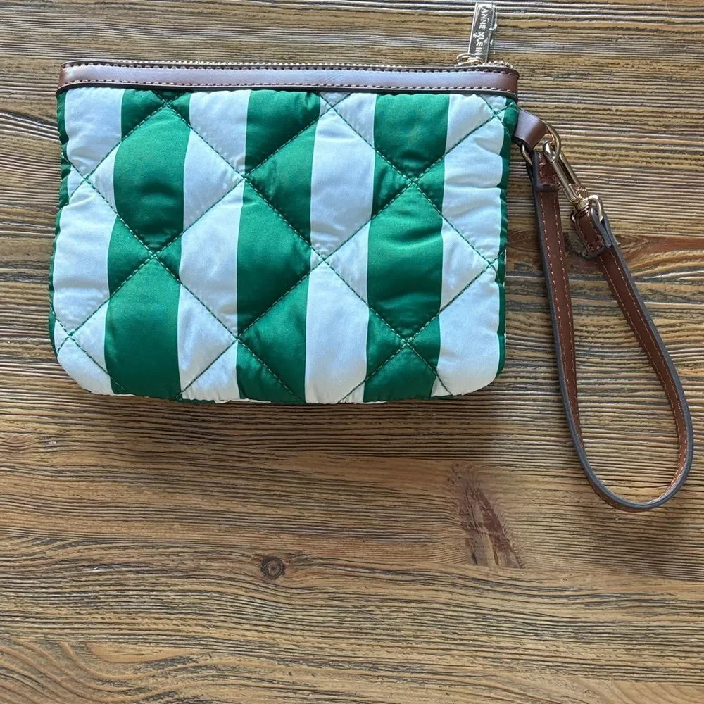 Anne Klein Green and White Striped Wristlet